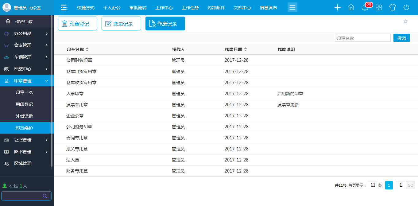 oa印章维护-进行新建、修改、作废等维护操作