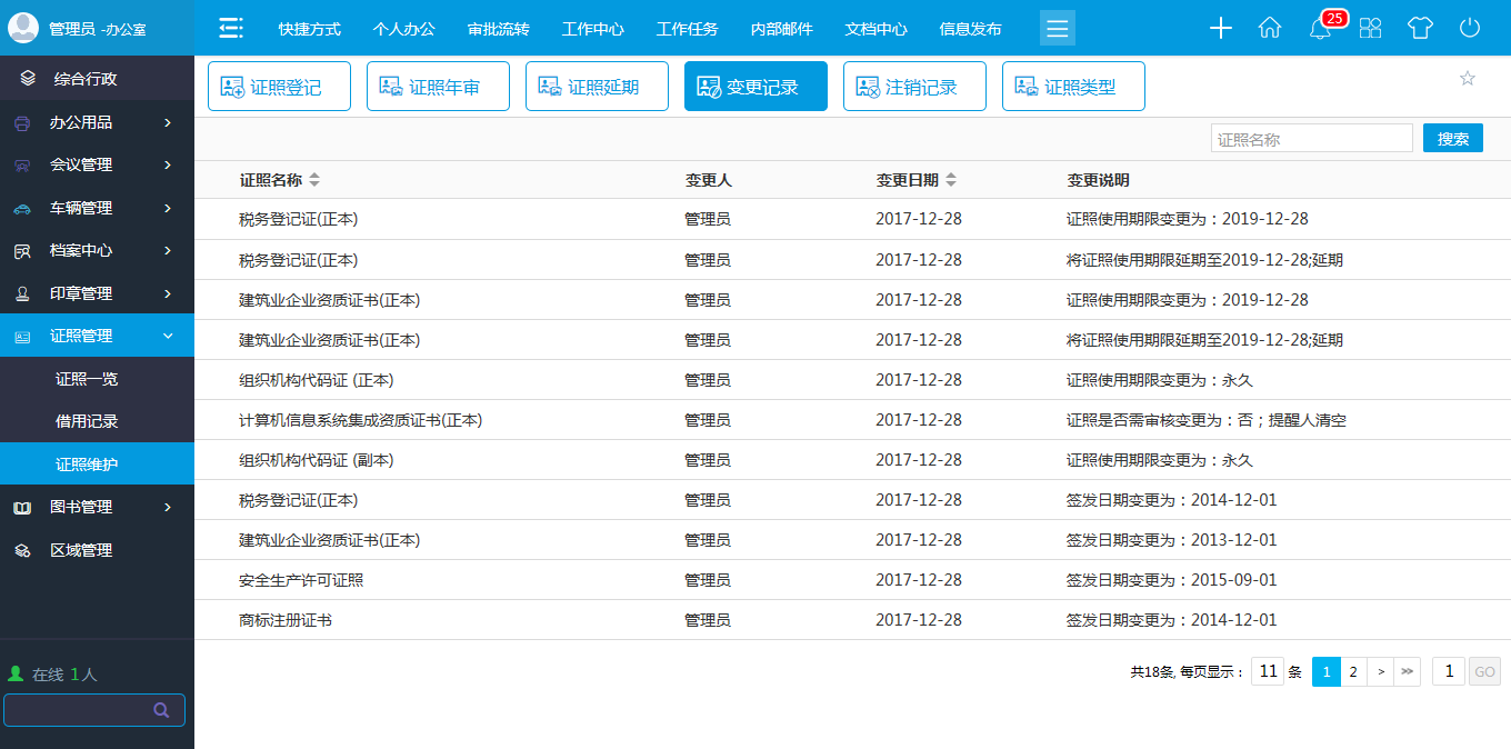 oa证照一览-在列表查看画面中可以查看所有登记的单位证照